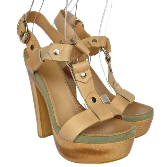 GUCCI Tan Calf Leather Ankle Strap Open Toe Platform Sandals, Size 40 - Picture 5 of 11